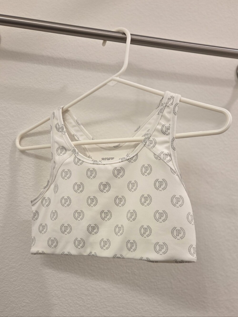 PINK Victoria's Secret White Racerback Sports Bra with Grey Logo Print